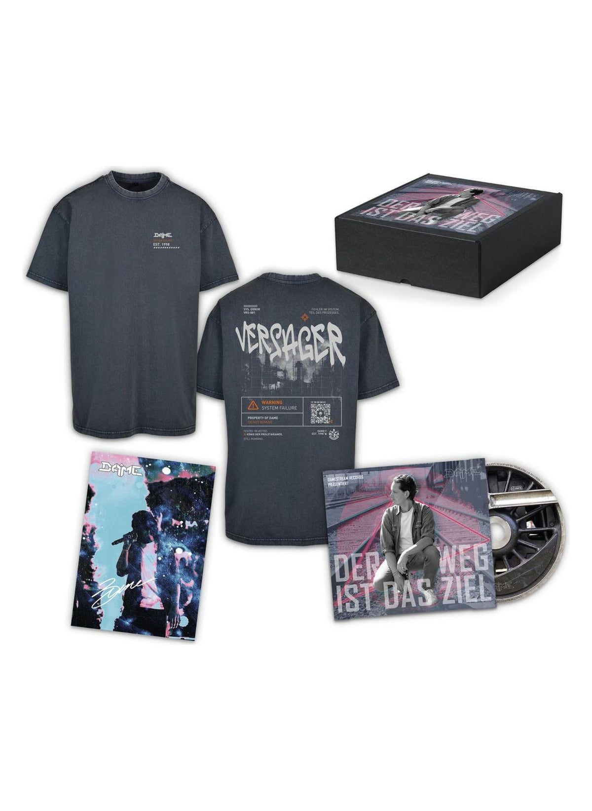 DAME Limited Edition Album-Bundle: Oversize-Shirt VERSAGER, signierte Autogrammkarte, CD Der Weg ist das Ziel, Bundle-Box